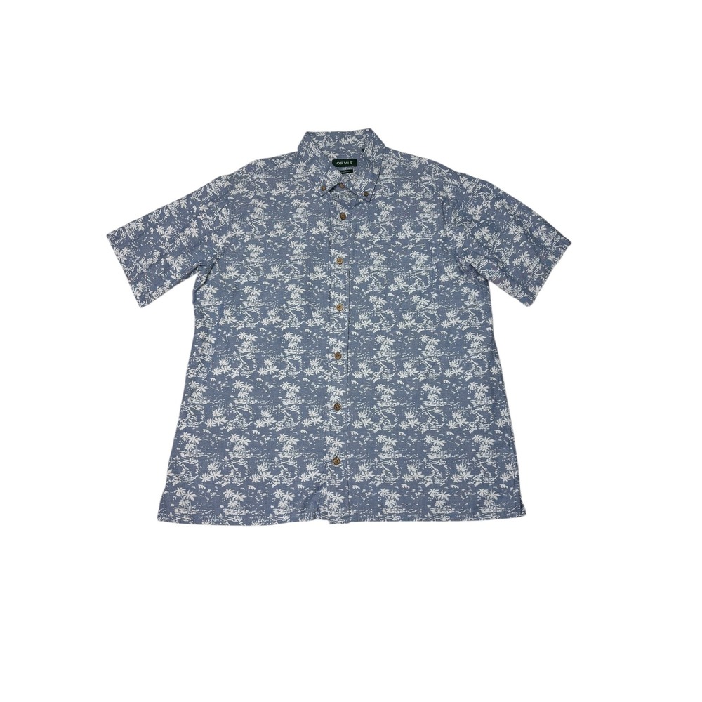 Orvis Men's Large Fit Blue Tropical Palm Tree Short Sleeve‎ Button Up Shirt